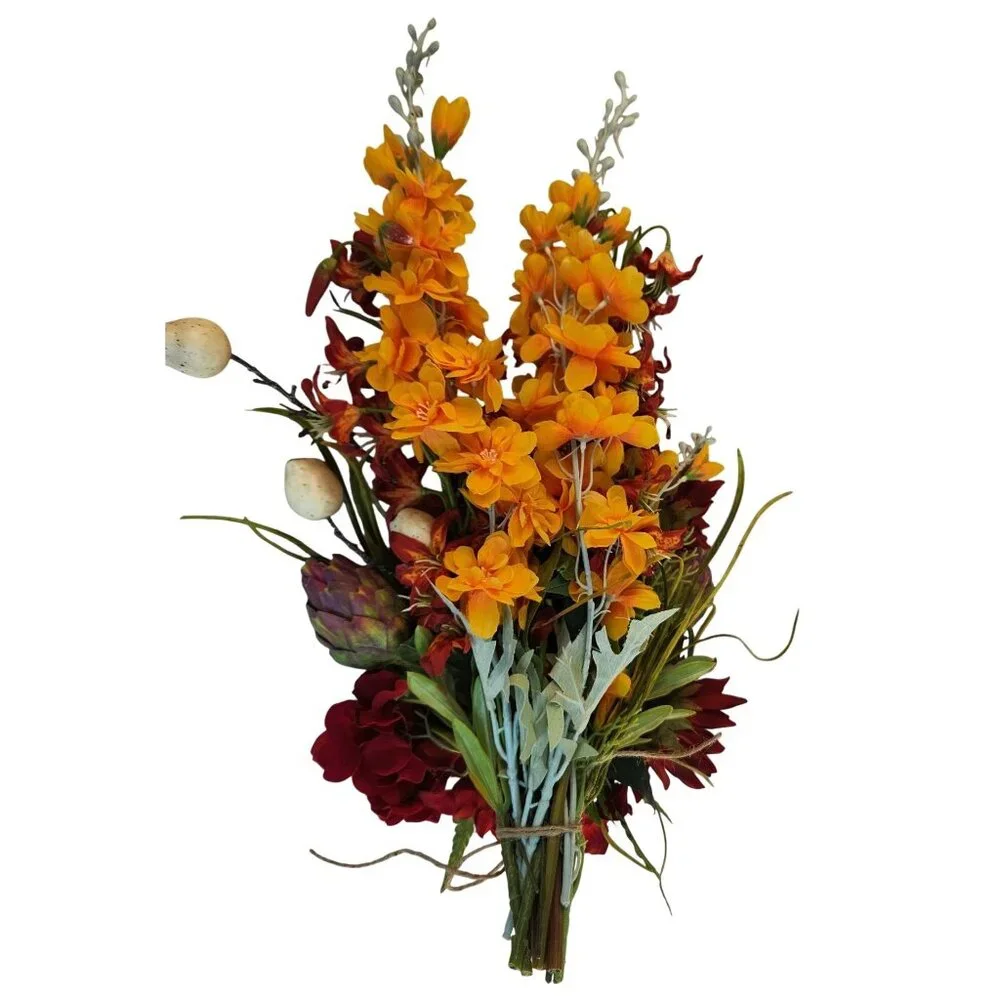 Artificial Floral Arrangement Bouquet - Fall Colors Red Yellow & Textured Accent